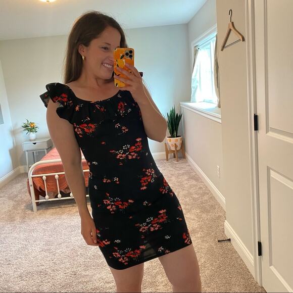 Rebecca Taylor Black Red Floral Cotton Ruffle Bodycon Mini Dress XS - Picture 5 of 12